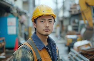 AI generated Young male construction worker stands confidently on the construction site, interior room inspections image photo