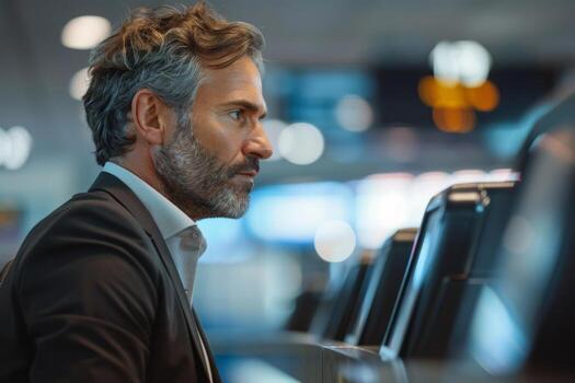 AI generated A businessman in profile looking serious at an airport ticket counter, current inflation design photo