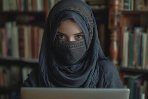 AI generated Muslim teen girl in headscarf using laptop, ramadan at workplaces photo