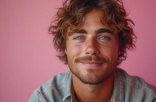 AI generated A young man smiles against a pink background, unexpected joy picture photo