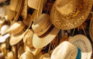 AI generated Many straw hats displayed at outdoor market, american street markets image photo