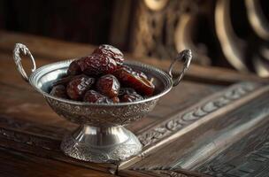 AI generated Silver bowl holds dried dates and sugar on wooden table, islamic iftar picture photo