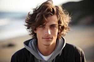 AI generated Young man at beach on windy day, american recreation picture photo