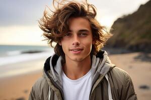 AI generated Young man standing at beach on windy day hair blowing in wind, american recreation image photo