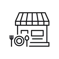 Knife, Fork and Plate by Shop as Restaurant Isolated Line Icon. Perfect for web sites, apps, UI, internet, shops, stores. Simple image drawn with black thin line vector