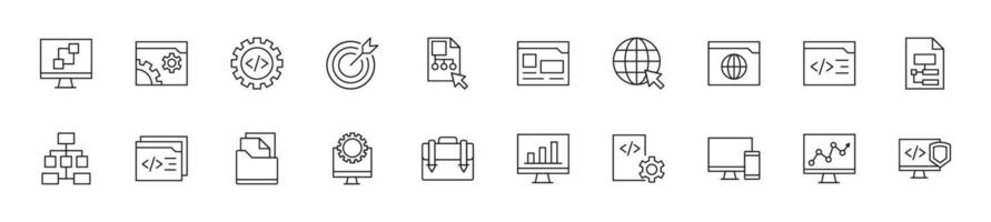 Collection of thin line icons of coding and programming. Linear sign and editable stroke. Suitable for web sites, books, articles vector