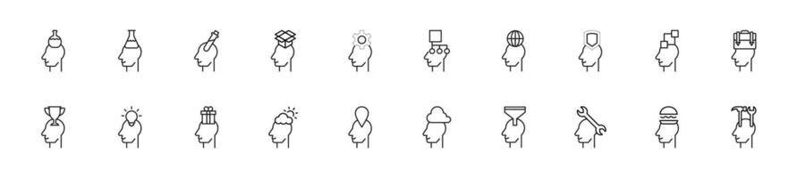 Collection of thin line icons of various items over head of a man. Linear sign and editable stroke. Suitable for web sites, books, articles vector