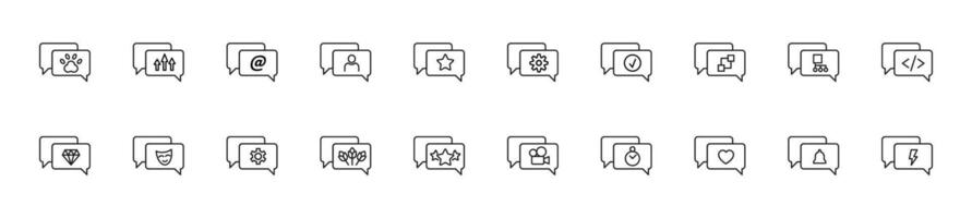 Collection of thin line icons of items inside of a speech bubble. Linear sign and editable stroke. Suitable for web sites, books, articles vector