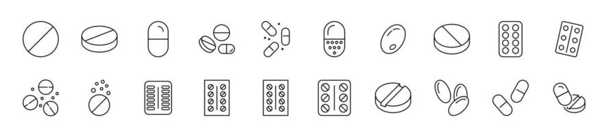 Collection of thin line icons of pills. Linear sign and editable stroke. Suitable for web sites, books, articles vector