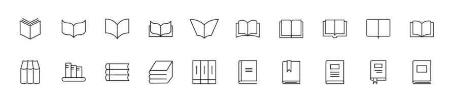 Collection of thin line icons of books as symbol of study. Linear sign and editable stroke. Suitable for web sites, books, articles vector