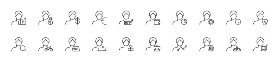 Collection of thin line icons of items next to faceless man. Linear sign and editable stroke. Suitable for web sites, books, articles vector