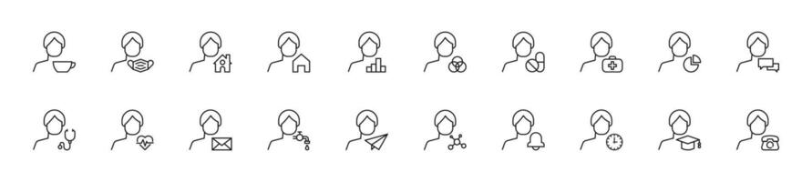 Collection of thin line icons of items by faceless man. Linear sign and editable stroke. Suitable for web sites, books, articles vector