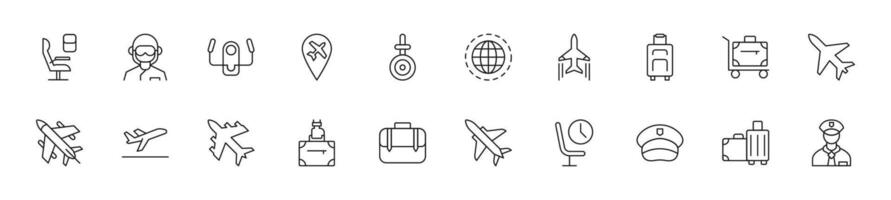 Collection of thin line icons of airplane. Linear sign and editable stroke. Suitable for web sites, books, articles vector