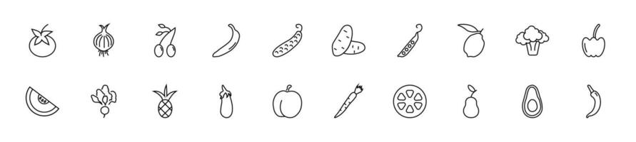 Collection of thin line icons of fruits and vegetables. Linear sign and editable stroke. Suitable for web sites, books, articles vector