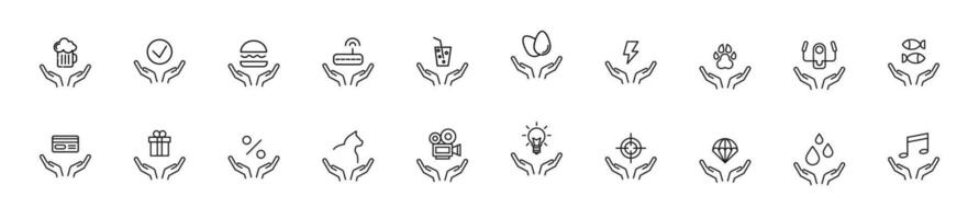 Collection of thin line icons of items over hand. Linear sign and editable stroke. Suitable for web sites, books, articles vector