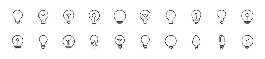 Collection of thin line icons of different light bulbs. Linear sign and editable stroke. Suitable for web sites, books, articles vector