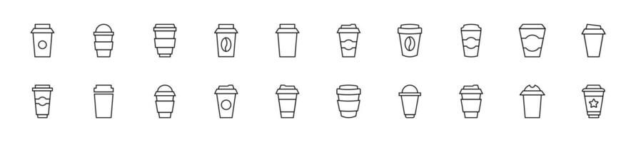 Collection of thin line icons of disposable cups for coffee and tea. Linear sign and editable stroke. Suitable for web sites, books, articles vector