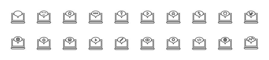 Collection of thin line icons of items by laptop. Linear sign and editable stroke. Suitable for web sites, books, articles vector