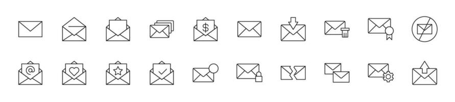 Collection of thin line icons of envelope. Linear sign and editable stroke. Suitable for web sites, books, articles vector