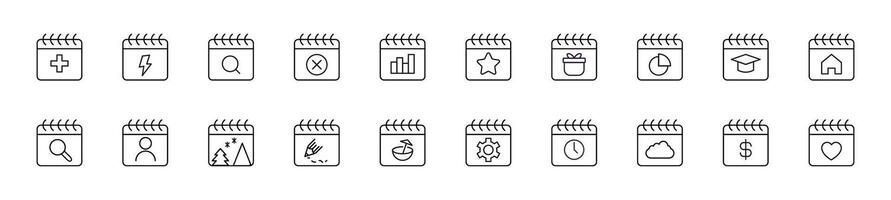 Collection of thin line icons of various items by calendar. Linear sign and editable stroke. Suitable for web sites, books, articles vector