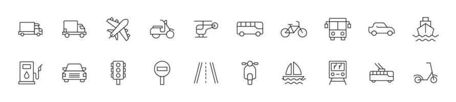 Collection of thin line icons of transport. Linear sign and editable stroke. Suitable for web sites, books, articles vector