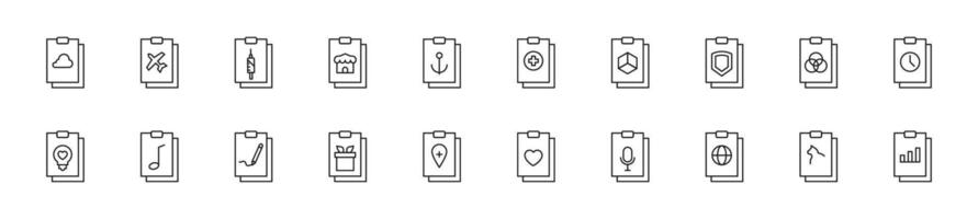 Collection of thin line icons of various clipboards. Linear sign and editable stroke. Suitable for web sites, books, articles vector
