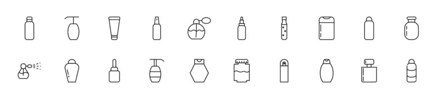 Collection of thin line icons of cosmetic bottles. Linear sign and editable stroke. Suitable for web sites, books, articles vector