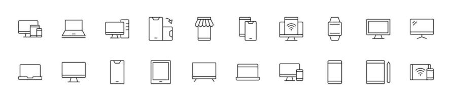 Collection of thin line icons of computers, tablets and mobile phones. Linear sign and editable stroke. Suitable for web sites, books, articles vector