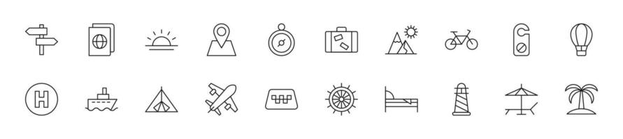 Collection of thin line icons of vacation, tourism, hotel. Linear sign and editable stroke. Suitable for web sites, books, articles vector