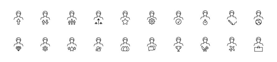 Collection of thin line icons of items by faceless man. Linear sign and editable stroke. Suitable for web sites, books, articles vector