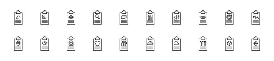 Collection of thin line icons of items on clipboard. Linear sign and editable stroke. Suitable for web sites, books, articles vector