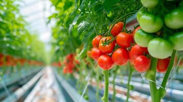 AI Generated Ripe tomato plant growing in greenhouse. Tasty red heirloom tomatoes. Blurry background and copy space. Generative AI photo