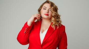 AI Generated Plus size fashion blonde woman model in red suit stylish fashion posing on white background. Generative AI photo