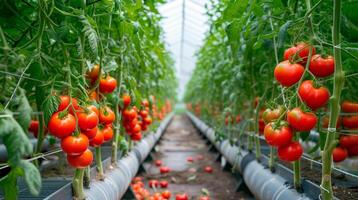 AI Generated Ripe tomato plant growing in greenhouse. Tasty red heirloom tomatoes. Blurry background and copy space. Generative AI photo