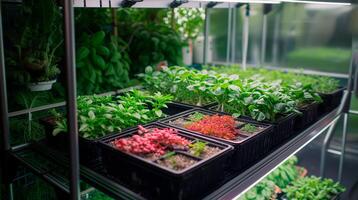 AI Generated Organic hydroponic vegetables plots growing on indoor vertical farm. Vertical farming is sustainable agriculture for future food and used for plant vaccine. Generative AI photo