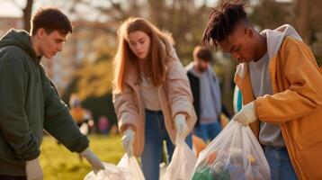 ai generado trabajar como voluntario mundo ambiente día. grupo de personas voluntario trabajo en equipo ,ambiente conservación, ayuda a cosecha el plastico y espuma basura en parque área. foto