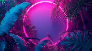 AI Generated Modern trendy neon glowing light with neon blue palm tropical leaves on a violet background. Generative AI photo