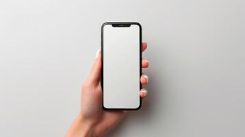AI Generated Close-up image of a woman using her smartphone. smartphone white screen mockup for display your graphic banner on white background and clipping path.Generative AI photo