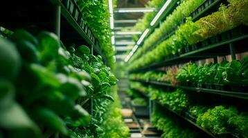 AI Generated Organic hydroponic vegetables plots growing on indoor vertical farm. Vertical farming is sustainable agriculture for future food and used for plant vaccine. Generative AI photo