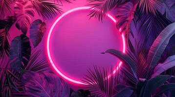 AI Generated Modern trendy neon glowing light with neon blue palm tropical leaves on a violet background. Generative AI photo