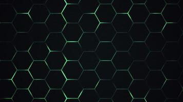 oscuro futurista hexágonos panal superficie antecedentes con brillante verde neón ligero. lleno hd y bucle elegante resumen tecnología movimiento antecedentes animación. video