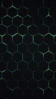 Vertical video - dark futuristic hexagons honeycomb surface background with glowing green neon light. Full HD and looping stylish abstract technology motion background animation.