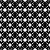 Geometric radiant floral symmetry pattern, seamless black and white background, vector illustration.