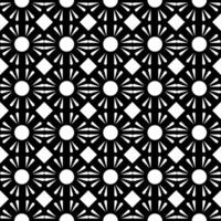 Geometric radiant floral symmetry pattern, seamless black and white background, vector illustration.