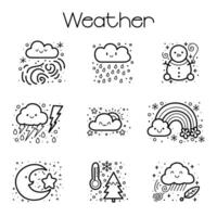 Weather icon set in doodle style, including snow, rain, thunderstorm and other meteorological symbols, vector illustration.