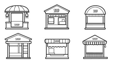 Boutique storefronts design collection, simple line art style, templates for shops and retails, vector illustration.