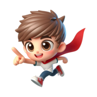 AI generated 3d happy cartoon superhero boy running with cape and pointing on transparent background. png