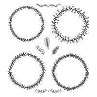 Doodle botanical circle frame. Hand-drawn round line border, leaves and flowers, wedding invitation and cards, logo design, and poster template vector