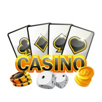 Golden-black icon for the casino. Illustration Poker Cards, dice, coins and Chip Games. png