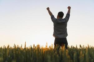 Sunrise or sunset picture of guy with raised hands looking at sun and enjoying daytime. Adult man stand alone in middle of ripe wheat field. Farmer or egricultural guy photo